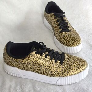Puma‎ Carina Sneakers Womens 7.5 Gold Leopard Print Lace Up Soft Foam Streetwear